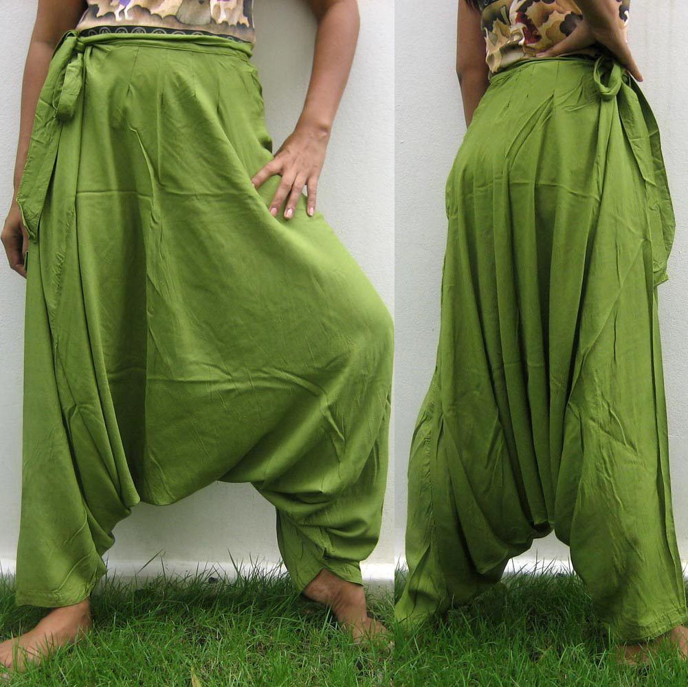 Thai Ethnic Hmong NOK Leh Hilltribe Pants Freesize Rayon Olive Green