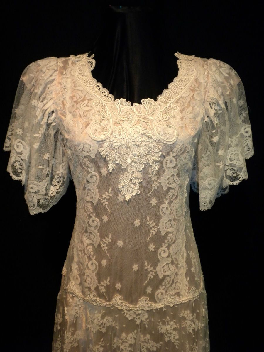 Lorrie Kabala Vintage Ivory Lace Victorian Tea Wedding Dress Gown Sz 8