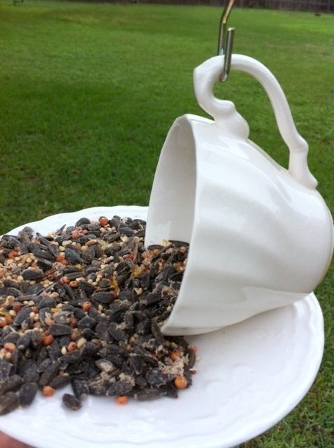 Bird Feeder Made w Vintage Tea Cup Saucer 2 Hooks Chain Included Sweet