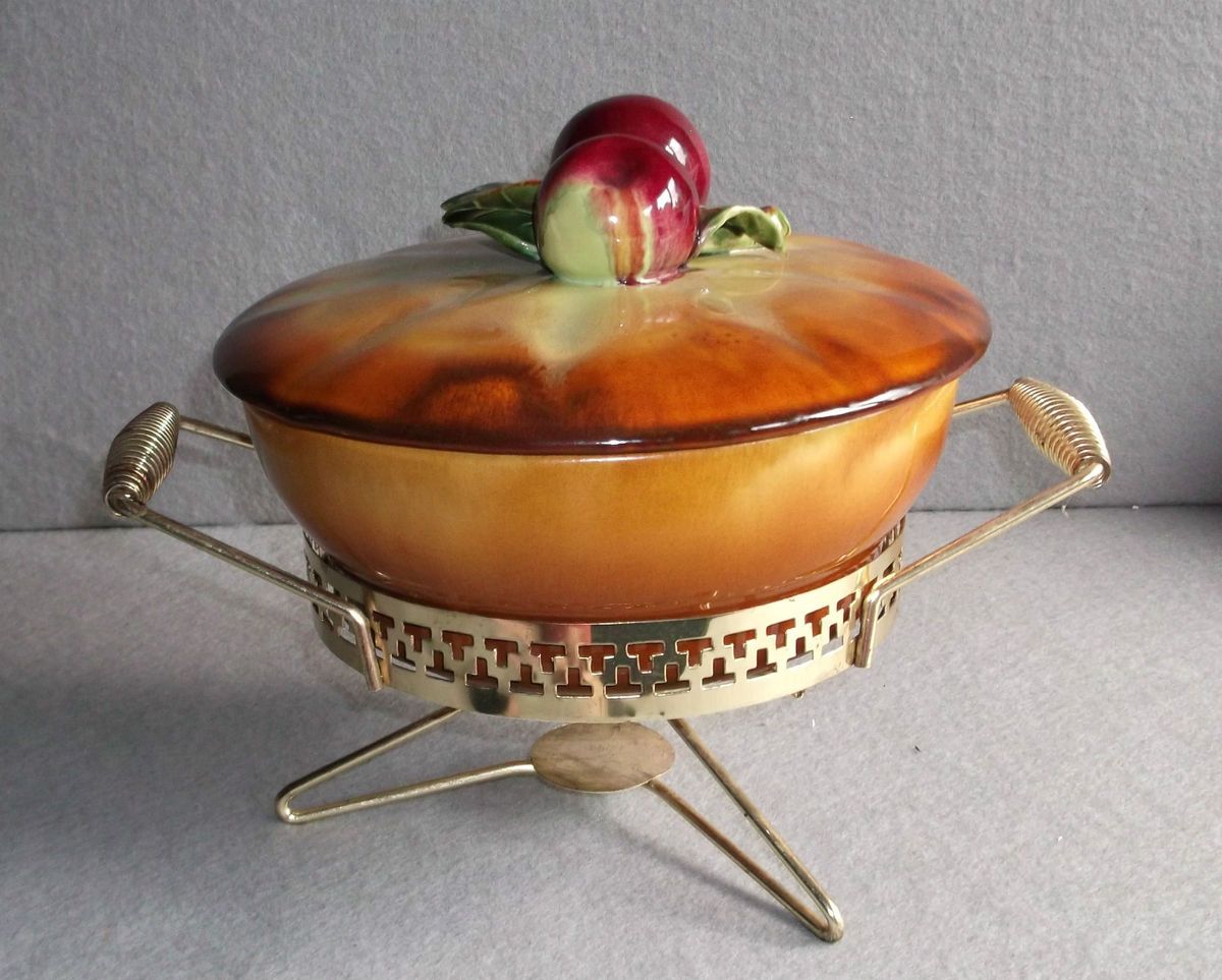 California Pottery Apple Motif Chafing Dish with Gold Plate Stand