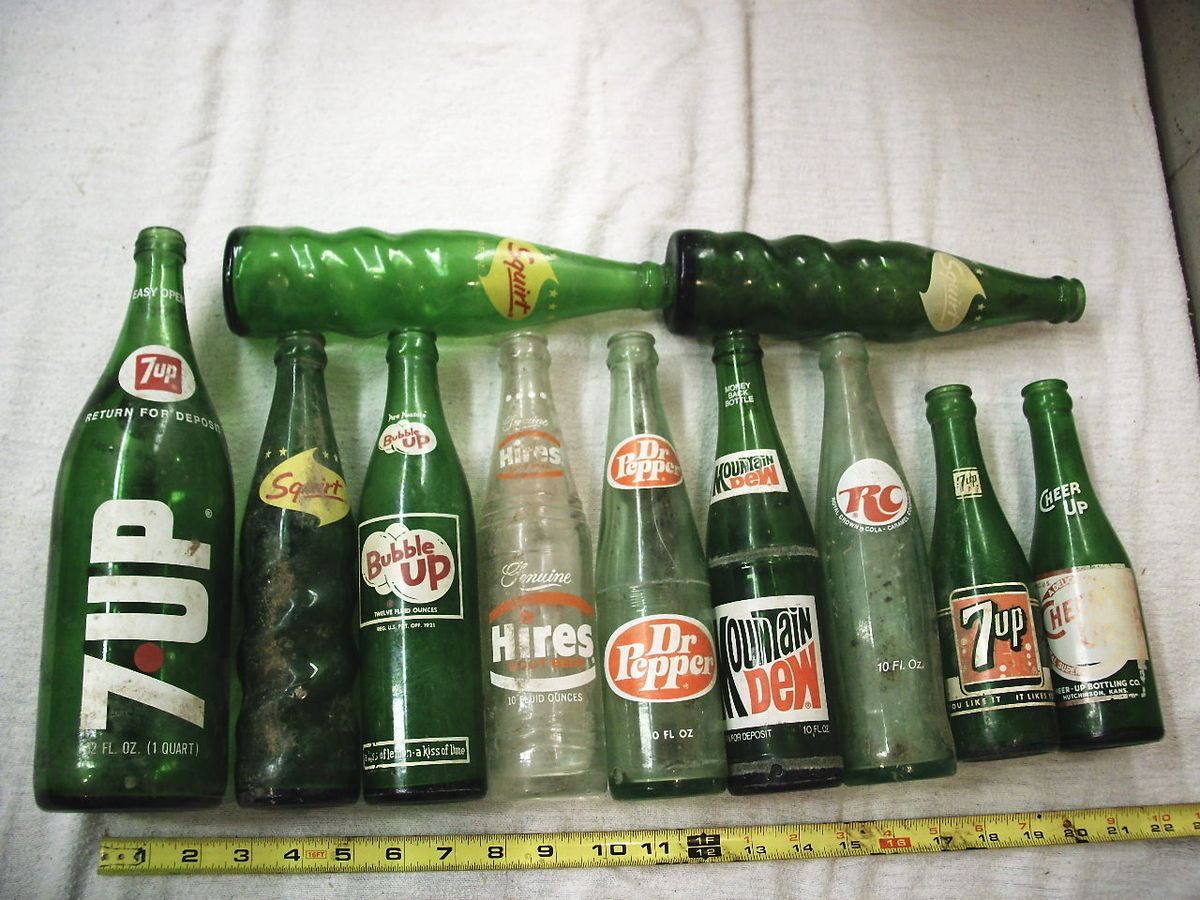 11 POP BOTTLES 7UP SQUIRT RC DR PEPPER HIRES BUBBLE UP CHEER UP