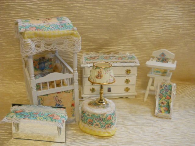 OOAK Beatrice Potter nursery furniture 1 12 scale canopy crib dresser