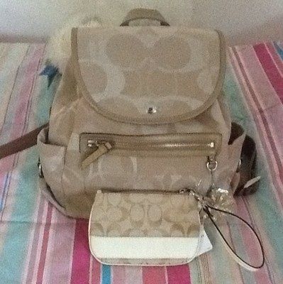 Coach Kyra Sig Khaki Gold Backpack Bag Style 19673 Matching Wristlet