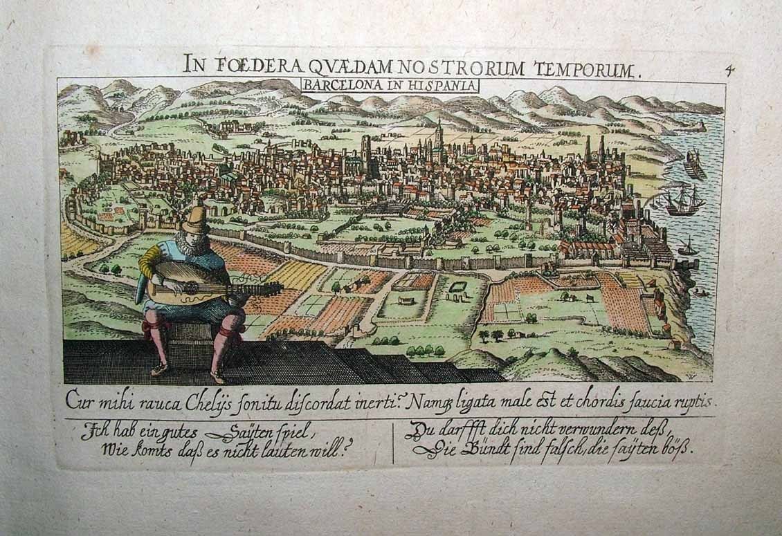 1627 Meisner Braun Hogenberg Town View Barcelona Allegorical Lute