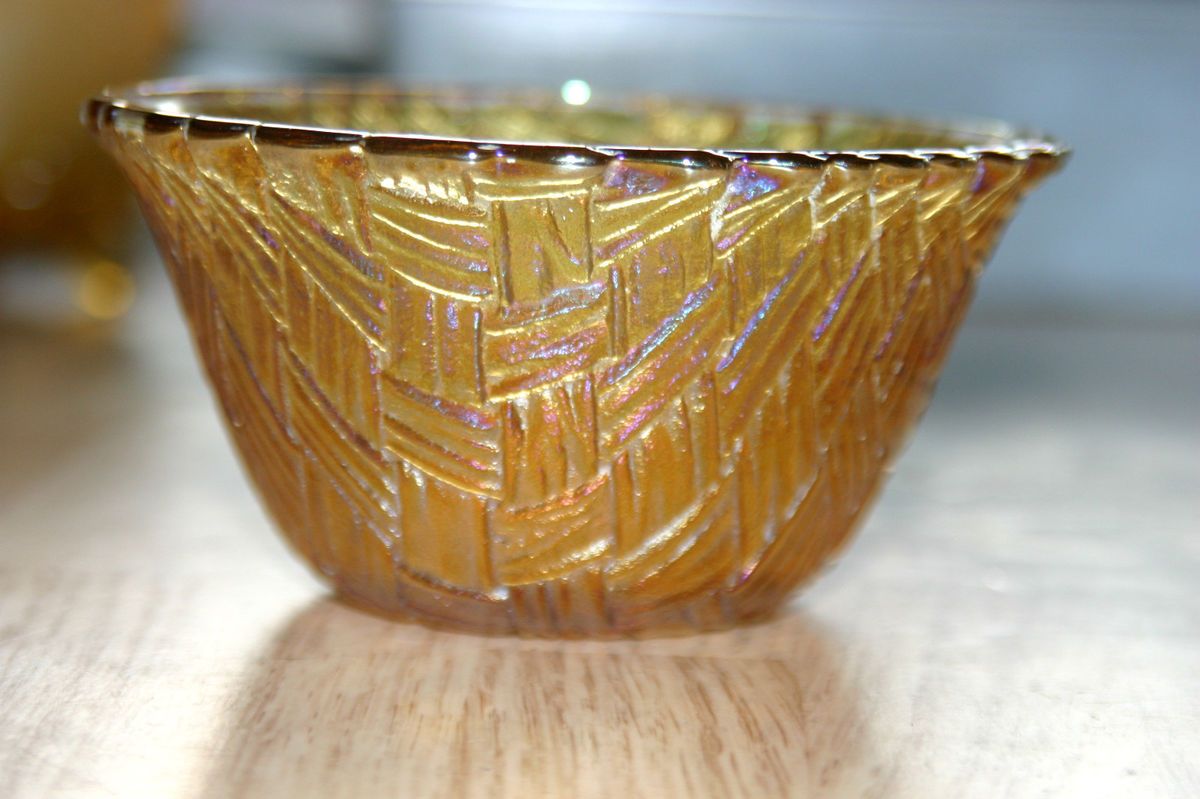 Carnival Glass Dessert Bowl Merigold Yellow Basket Weave Bowl