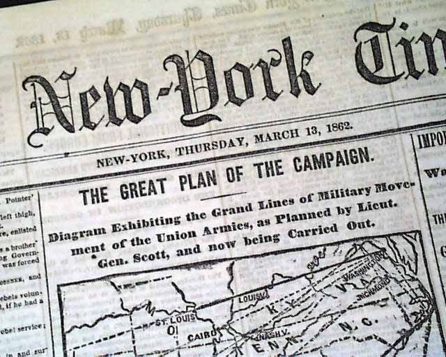 Monitor vs Merrimack Civil War Map 1862 Old Newspaper