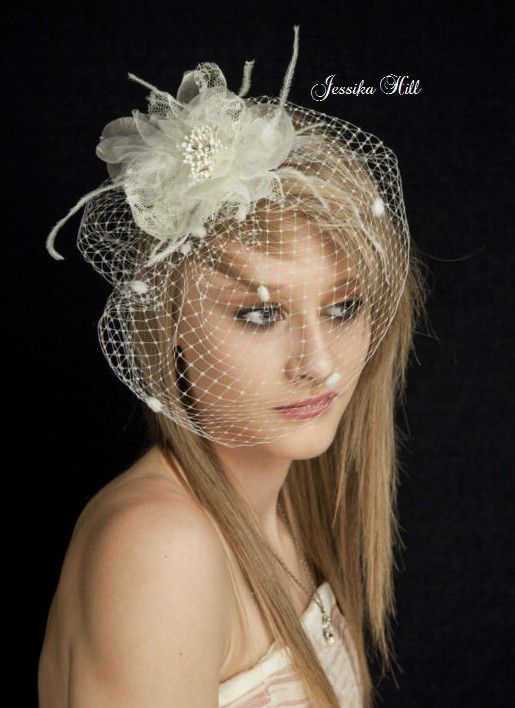 Jessika Hill Vintage Flower Merry Widow Bridal Birdcage Veil Ivory