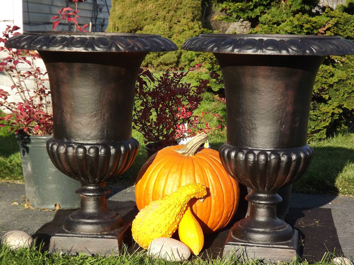 Antique/ Vintage (2) CAST IRON URNS Pair LARGE Planters GARDEN