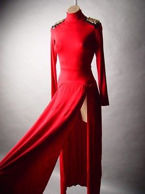 Red Spike Stud Shoulder Turtleneck Double High Slit Long Maxi 03 mv