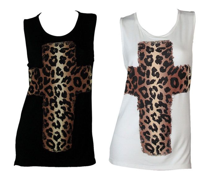 NEW LADIES LEOPARD CROSS PRINT SLEEVELESS WOMENS T SHIRT VEST TOP SIZE