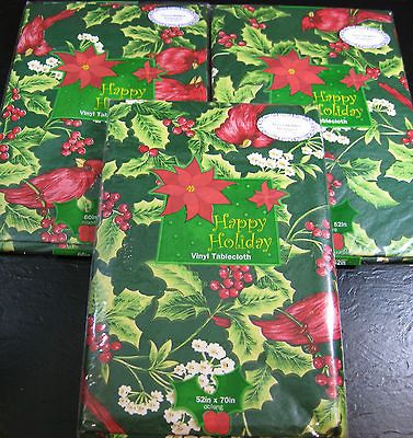 VINYL XMAS BERRY & CARDINAL BIRD  TABLECLOTH  ASSORTED SIZES NEW