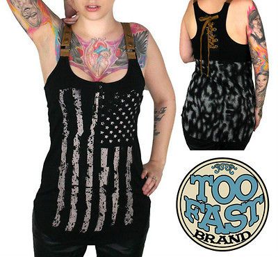 Too Fast Distressed Fargo USA Flag Tank Shirt Top Singlet Cami Tattoo