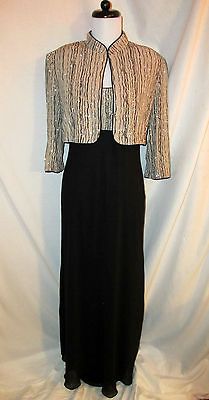 Sz Alex Evenings Gown Dress Matching Jacket Black Beige Gold Sparkles