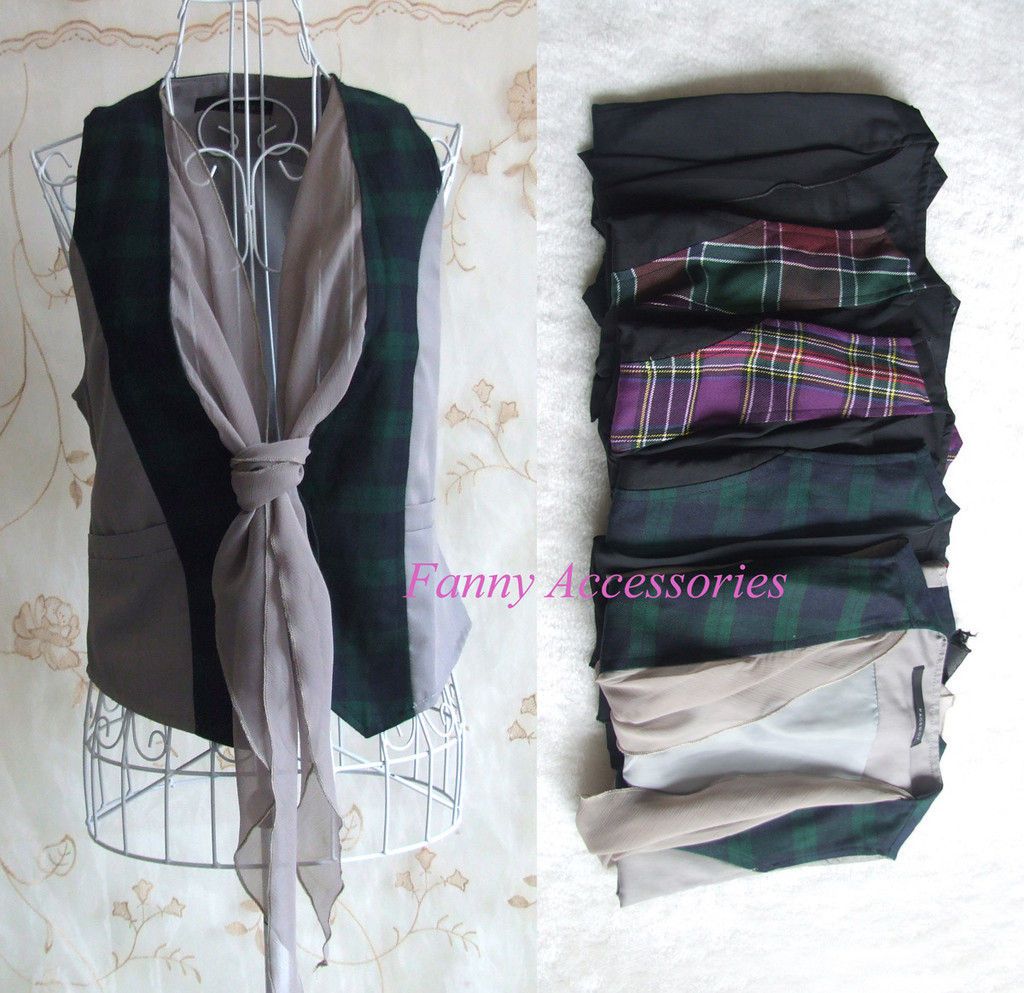 Women Tuxedo Plaid Chiffon Tie Front Suit Vest Waistcoat Top Blouse