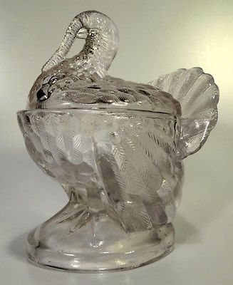 PRESSED GLASS TURKEY COVERED DISH CANDY JAM FIGURAL L. E. SMITH