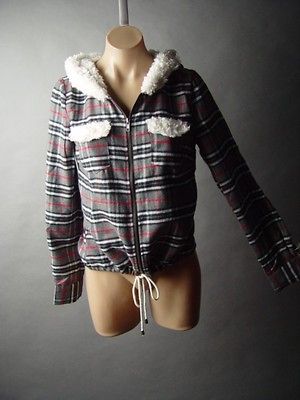 Gray Rural Country Plaid Lumberjack Faux Shearling Hoodie Top 05 mv