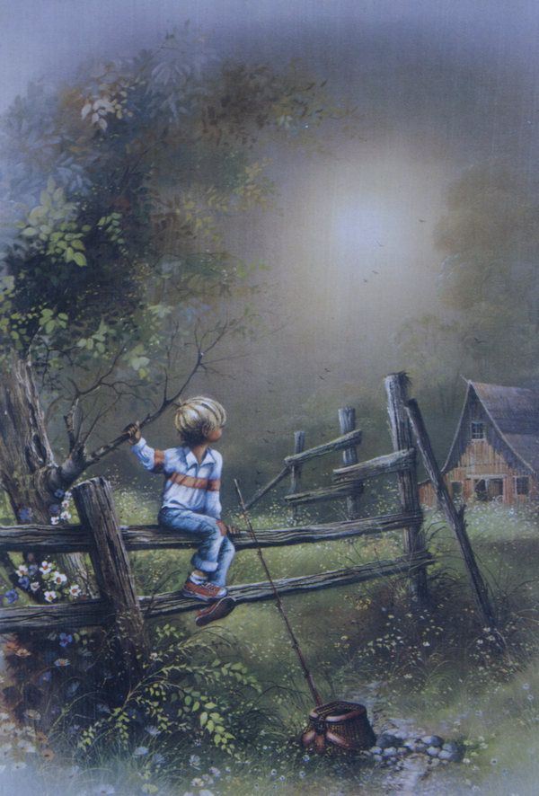 ANDRES ORPINAS Old farm, boy with fishing pole on fence