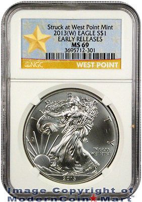 2013 (W) Silver Eagle Struck at West Point Mint NGC MS69 ER STAR LABEL