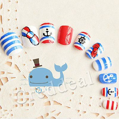 Cute Sailor Ocean Blue Nail Art Tips Anchor Acrylic Decal Stripes fake