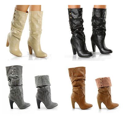 New Womens Mid Calf Cuffed Fashion Ruched High Heel Dress Boots