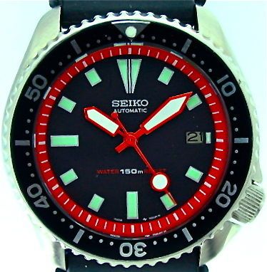 SEIKO mod 7002 diver BLACK dial w/Red Plongeur hands/chapter ring