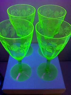 Set of 4 Antique URANIUM DEPRESSION GLASS WINE GLASSES Stems ETCHED