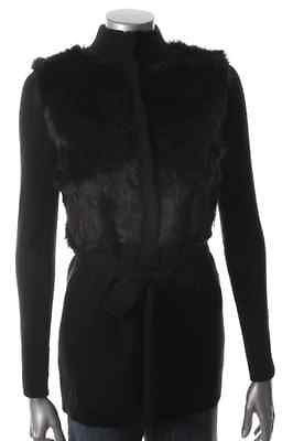 Tahari NEW Josetta Black Faux Fur Ribbed Belted Mock Neck Cardigan