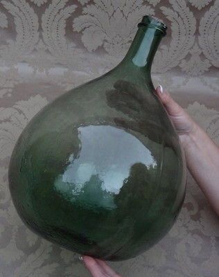 ANTIQUE VINTAGE FRENCH DEMIJOHN GREEN GLASS WINE BOTTLE OLD WINERY