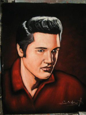 ELVIS PRESLEY   YOUNG TOP BODY OIL ART PAINTED ON BLACK VELVET *BY