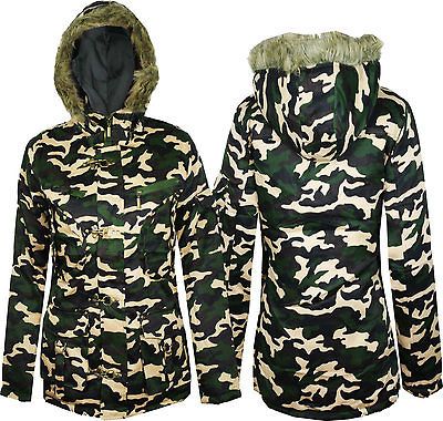 Womens Ladies Army Miltary Camouflage Quilted Hooded Jacket Coat Size