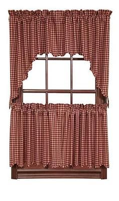 Burgundy & Tan / Faun Check Gingham Cafe Curtains Tier Set, Valance