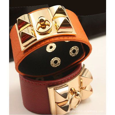 Studs Pyramid Faux Leather Wristband Charm Cuffs Bangle Bracelet