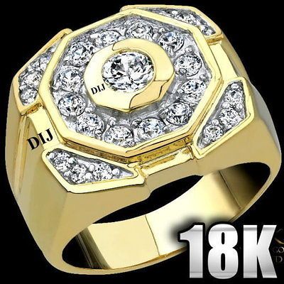 MENS BASKETBALL WHITE ROUND CZ CHAMPIONSHIP PINKY 18K YELLOW GOLD GP