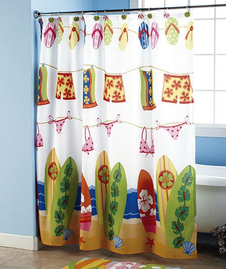 Beach Bathroom Shower Curtain Towel Rug Surfboard Flipflops Bikini