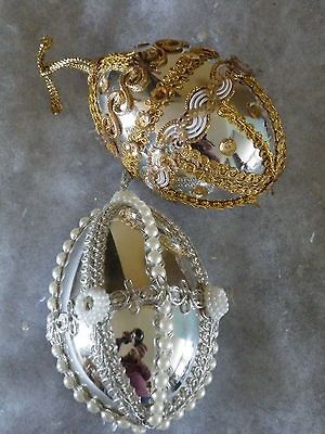 Large Vtg Easter Egg Ornaments Sequin Beaded 4 Plastic Silver $ Gold