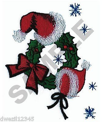 HOLIDAY CHRISTMAS WREATH WITH SANTA HATS   ONE EMBROIDERED HAND TOWEL