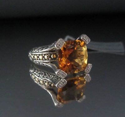 SAMUEL B SS & 18K *CITRINE* & *DIAMONDS* RING SIZE 8 NEW