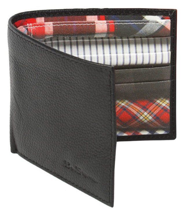 Ben Sherman Mens Black Leather Bifold Billfold Wallet w/ Red Plaid