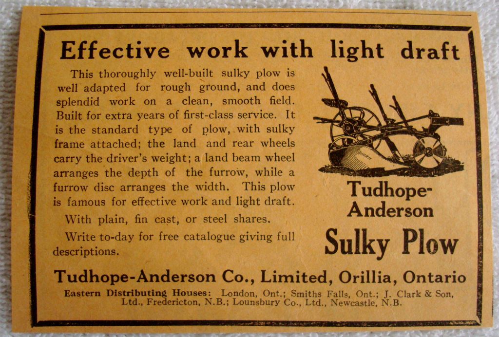 1923 ORILLIA ONTARIO SULKY PLOW FARMING AGRICULTURAL AD CANADA