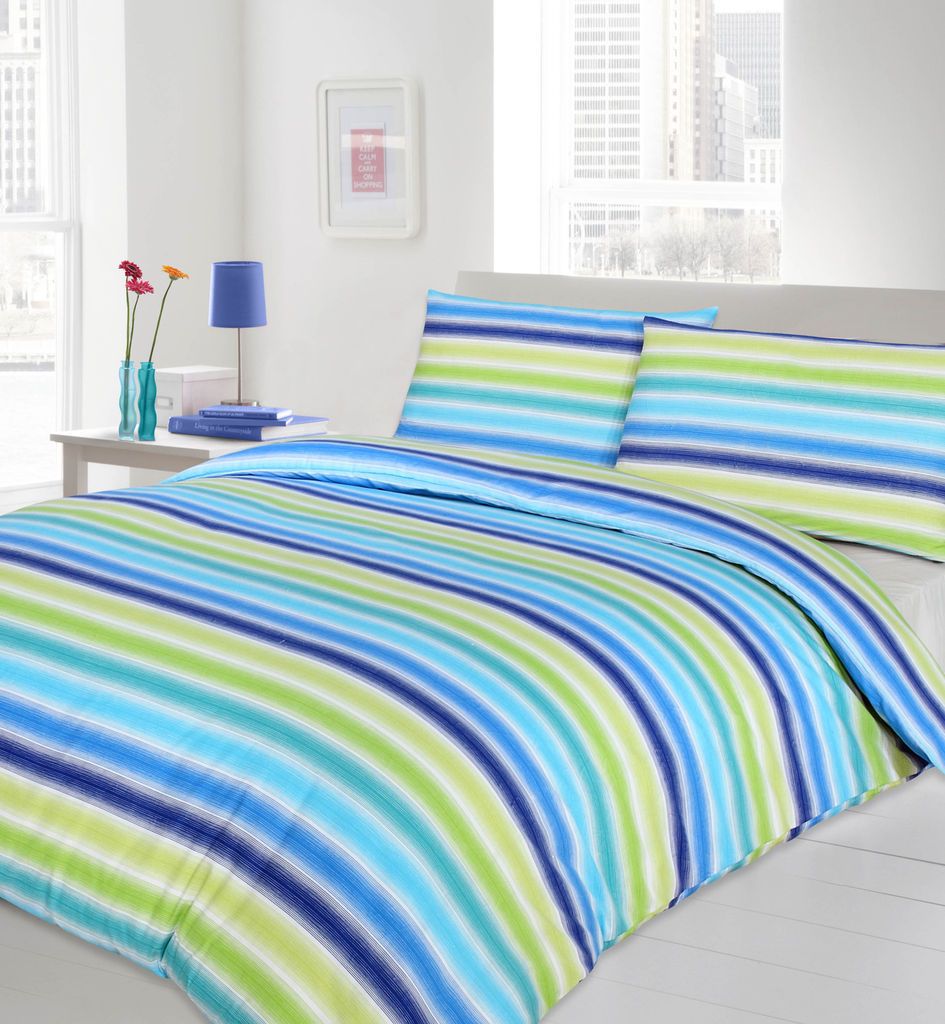 BLUE LIME TURQUOISE COLOUR BEDDING DUVET COVER REVERSIBLE STRIPES