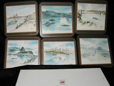 Ports of Call corkbacked hardboard vintage coasters Betty Guy