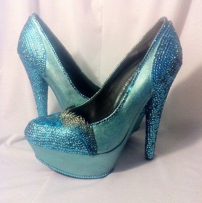 Aqua Peacock Rhinestone Heels Size 7.5