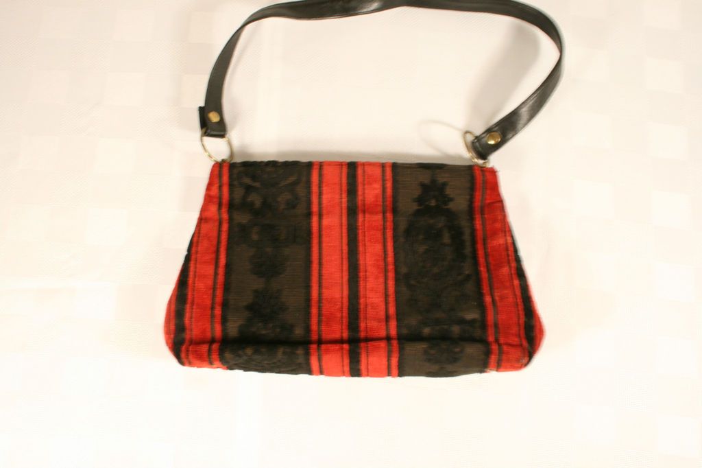 Vintage 60s Tapestry PURSE handbag Black red Stripe CARA Made in USA