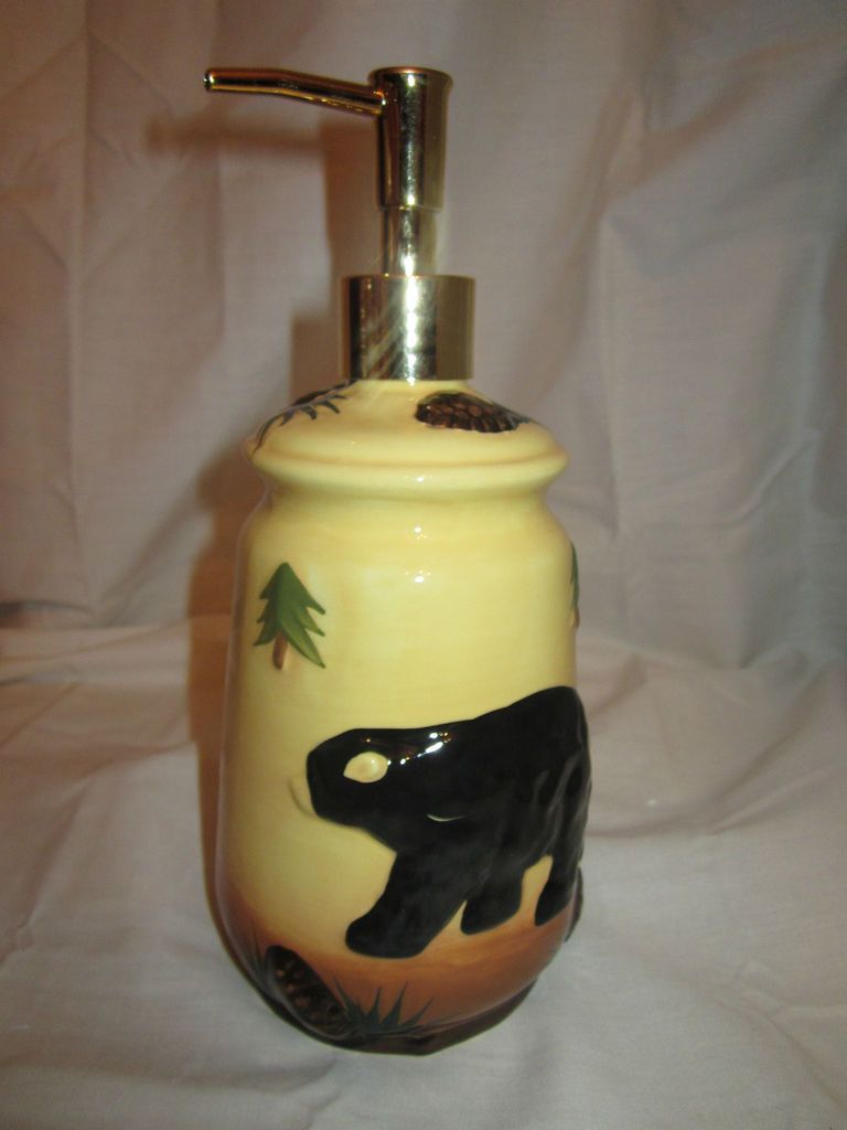 NEW CERAMIC 3D BLACK BEAR ACORNS KITCHEN BATH SINK SOAP DISPENSER