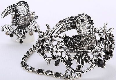 Black gray crystal toucan slave bracelet ring set 1;buy 10 items free