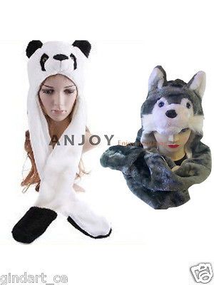 Hoodie Faux Fur Scarf Plush Long Soft Animal Hat Cap with Mitten