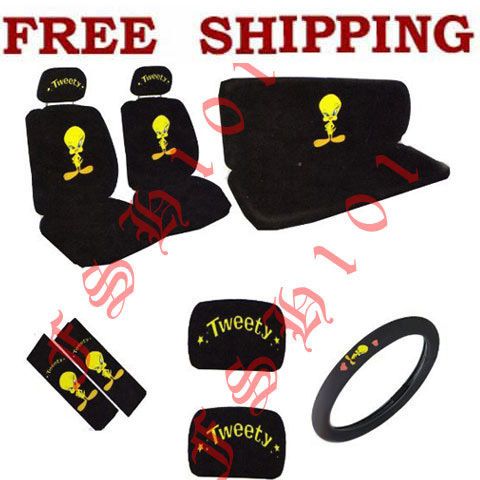 11pc Set Cartoon Tweety Bird Seat Covers Steering Wheel Cover & More