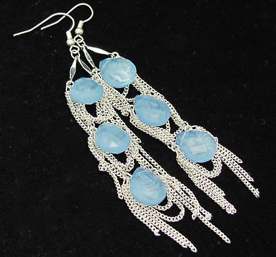 Blue Faceted Chain Long Drop Chandelier Bold Statement Shoulder Duster