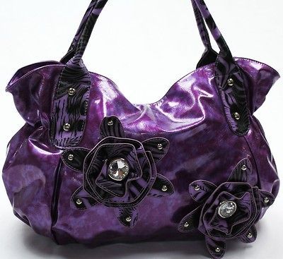 NEW ARCADIA USA PURPLE FAUX LEATHER RHINESTONES HANDBAG FLOWER BAG