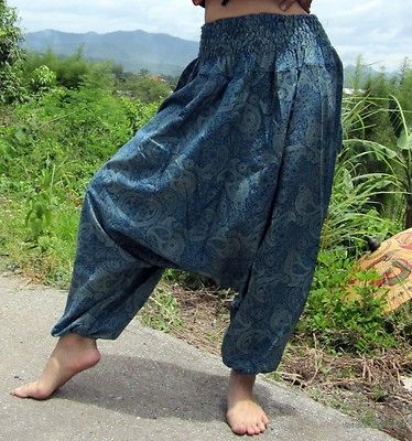 Cotton Smock Waist MC Hammer Harem Mao Pants   Bondi Blue Thai Paisley